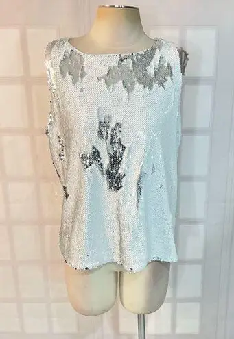 INC International Concepts White Silver Sleeveless Sequin Blouse Size Large