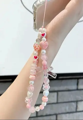 NEW Strawberry Heart Pearl Beaded Phone Lanyard Pink