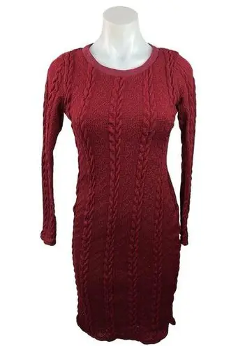 Roolee Women's Red Crew Neck Long Sleeve Cable Knit Pullover Sweater Dress XXS