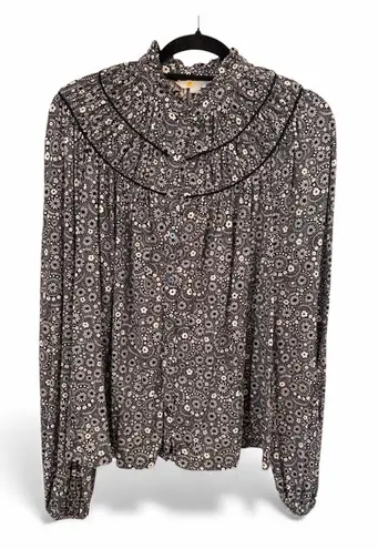 BODEN US10/UK14 Ruched Yoke Jersey Button Up Blouse Ditsy Black White Floral Size 10
