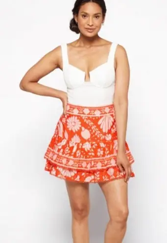 Farm Rio Bright Orange Jungle Floral Tiered Ruffle Mini Skirt Size Medium