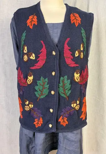 Jennifer Moore Vintage Autumn Leaf Sweater Novelty Vest Embroidered Navy L