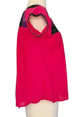 Mexican Embroidered Peasant Blouse Floral Ethnic Authentic Pink Purple Top Sz M Size M