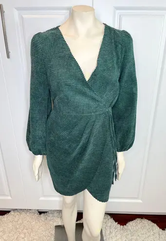 Simplee Apparel Simplee Green Faux Wrap Corduroy Dress with Side Tie Medium