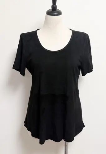 AS By DF Black Suede Leather Knit Back Short Sleeve Scoop Neck Top Medium