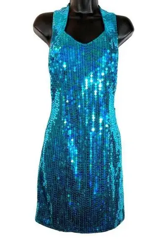 Vintage 90s Teal Sequin Mini Dress Concert Party Cocktail Sleeveless Mermaid