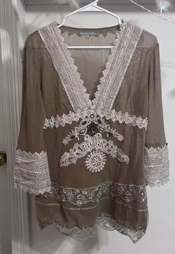 Passion Concept Jeweled Boho Blouse Tan Size XL