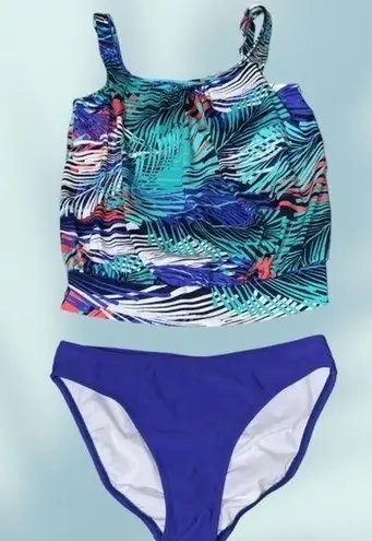 Bcg Tropical Teal/Blue Multicolor Foliage Tankini Swim Top & Bikini Bottoms Size 10