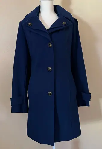 London Fog Women's Navy Trench Coat Sz L Wool Blend Hooded Winter preppy Jacket