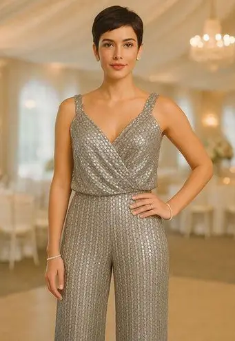 Badgley Mischka Bagley Mischka Silver Sequin 2-Piece Pant Set Size 12 LG Silk Lined Evening Glam