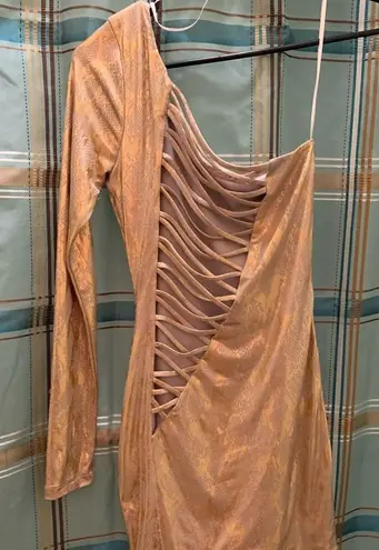 Symphony gold foil snakeskin backless crisscross mini dress one shoulder long si