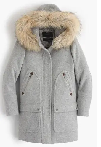 J.Crew  Chateau Parka Italian Wool Stadium Cloth Coat Fur Hood B3901 Gray 00