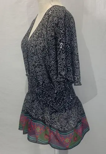 Bisou Bisou Sheer Black Floral Print V-Neck Peplum Top Size Large