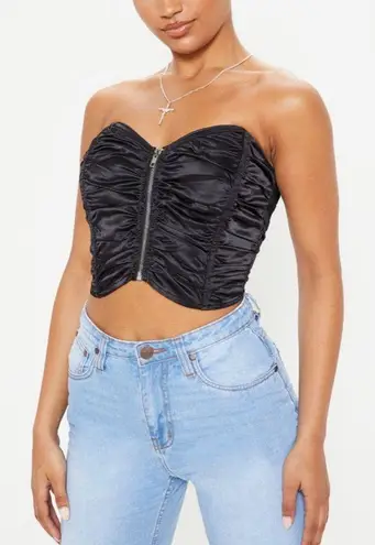 Blue Blush Black Satin Cropped Ruched Strapless Zip Cami