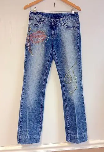 Vintage FUBU Women’s Rhinestone Boot Cut Jeans – Y2K Medium Wash (Size 5/6) Blue