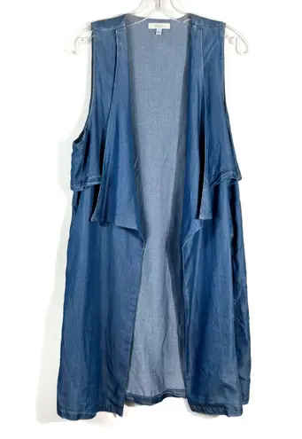 Halo Boutique Med Wash Denim Chambray Lightweight Open Front Waterfall Cardigan Blue