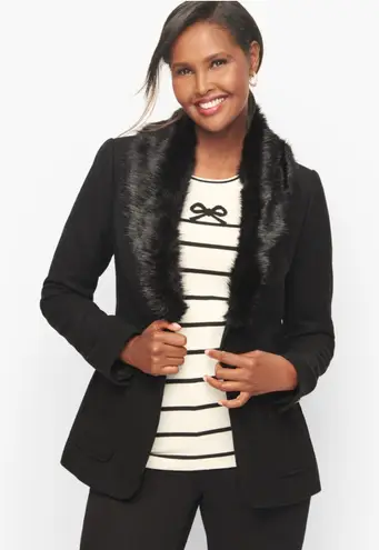 Talbots  black lightweight jacket faux fur collar wool blend Sz 8 - Image 1