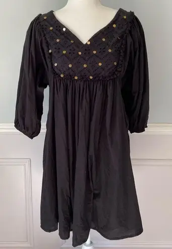 World Market Black Neutral Cotton Eyelet Lace V Neck Chuimui Balloon Sleeve Sz M Size M