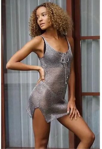 ✨Uluwatu Black Short Silver Woven Netted See Through Beach Coverup Sz L Dress✨ Black