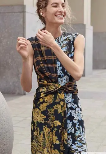 Lafayette 148 New York Mixed Media Twist Front Dress Size US 8 Golden Yellow