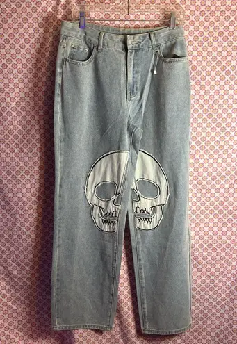 Gilipur Light Wash Skull Patch Jeans Punk Goth Streetwear Denim Pants Blue Size undefined