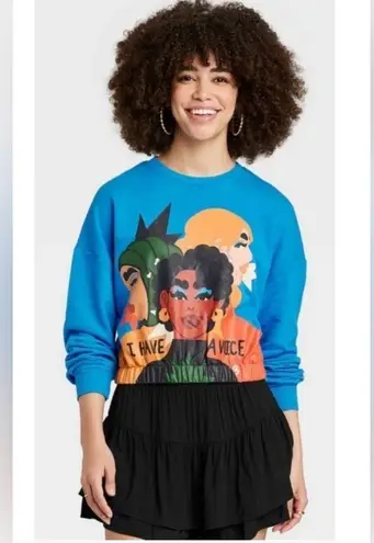 Lo Harris "I Have a Voice" Faces Graphic Sweatshirt Teal Oversized Women’s Large Blue