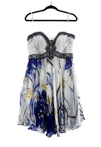 Terani Strapless 100% Silk White blue Print prom homecoming cocktail dress 12