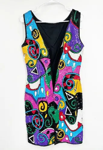 Laurence Kazar Sequined Pop Art Multicolor Sleeveless 80s Vintage Sheath Dress