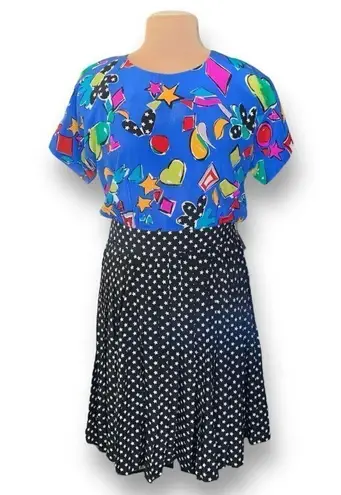 Vintage Rickie Freeman Dress Blue Black Pop Art Star Print Pleated Silk Midi Size 12