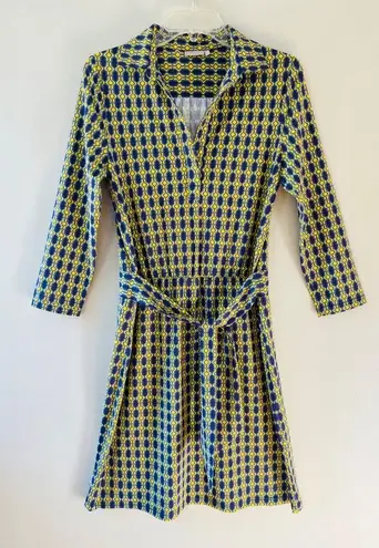 Ellie Kai Sz S Purple Yellow V Neck Midi Dress Geo Print Soft Stretch A Line