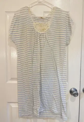 Val Made White Blue Striped Lace Detail Short Sleeve Mini Dress Medium