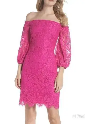 Trina Turk  Pink Lace Cocktail Dress Off The Shoulder Sheath Fuchsia Size 2 New