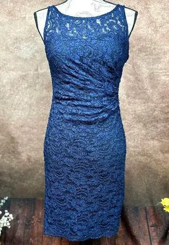 Aidan Mattox Beaded Lace Cocktail Dress Dark Navy Blue 2