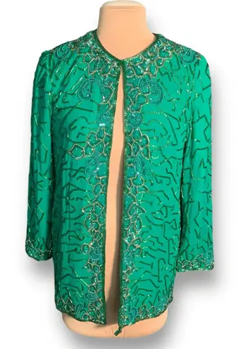 Vintage Razzle Dazzle Emerald Green Silk Beaded Open Front Evening Jacket Size M