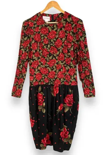 Vintage 80s Floral Dress Roses Dropped Waist Long Sleeve Modest Black Red Retro Size 8