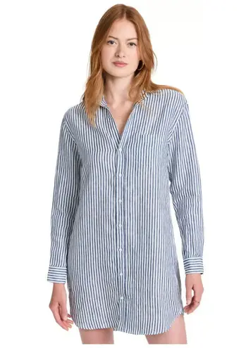 Frank & Eileen Mary Classic Linen Button Up Striped Dress Size Large Blue