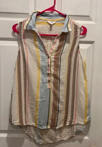 Time and Tru Womens Cotton Gauze Striped Sleeveless Collared Button Up Shirt L White Size L