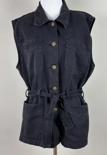 Vintage 90s Denim & Co Denim Vest Womens Large Black Belted Button Up Pockets L