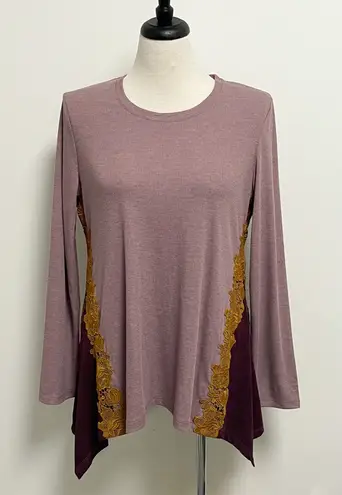 LOGO By Lori Goldstein Logo Lounge Lori Goldstein Ribbed Purple Tunic Contrast Lace Godets Medium EUC - Image 1