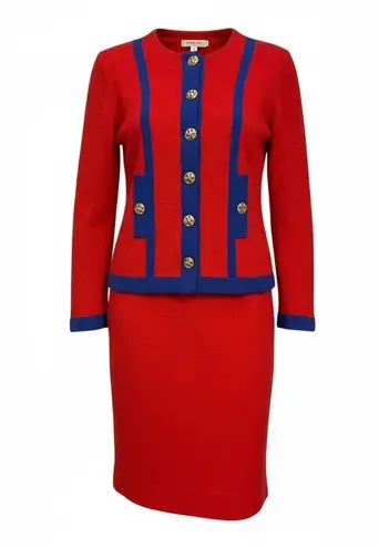 Vintage Castleberry Knit 2pc Skirt Suit Set Red Blue Trim Brass Buttons Size 8