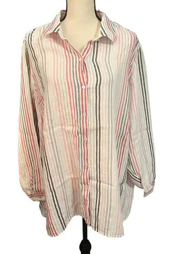 Love Linen J Jill 100% Linen Striped Lagenlook Button Down Essential Top Sz 3X Pink