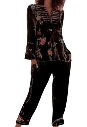 Johnny Was Sisilia Embroidered Velvet Peasant Blouse and cropped pant set NWT