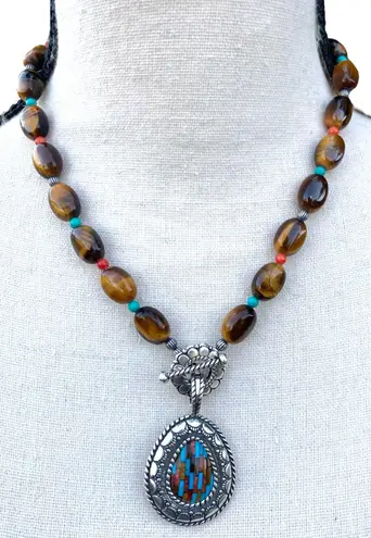 Carolyn Pollack Southwestern Silver Pendant Inlay Tigers Eye Turquoise Necklace