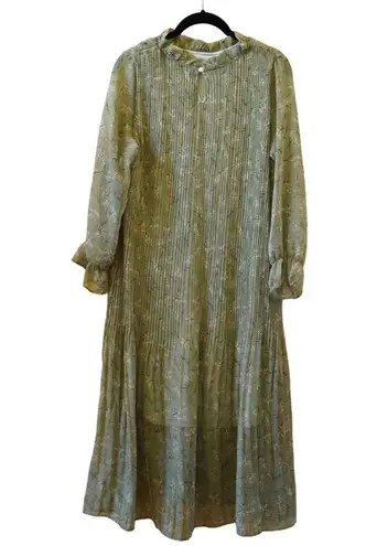 Floral Print Pleated Ruffle Midi Prairie Dress Green Size XS S