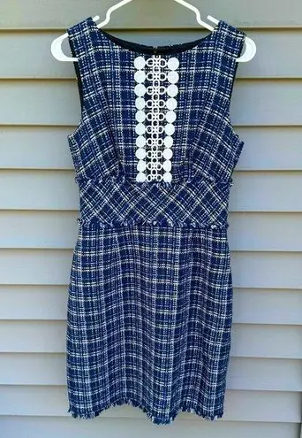 Trina Turk size 6 Designer Tweed Blue/White Plaid Sheath Shift Dress