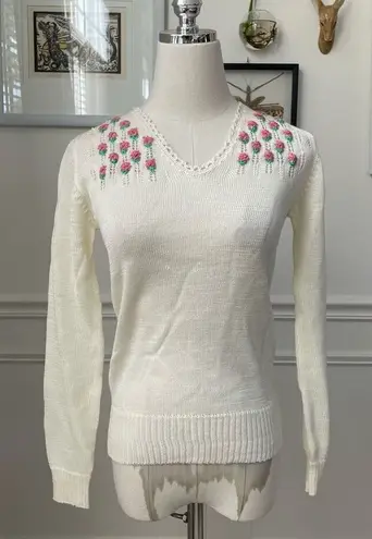 NWT NOS Vintage 70s Georgie Porgie Knit Sweater Embroidered Flowers XS White