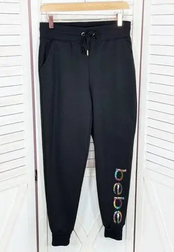 Bebe  Sport Rainbow Sequin Logo Fleece Jogger Pants Black Small