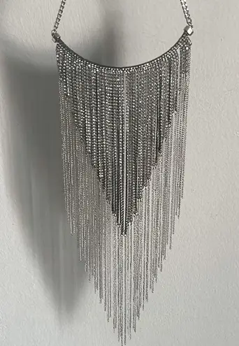 Stunning Statement Rhinestone Silver Tone Chain Fringe Bib Necklace