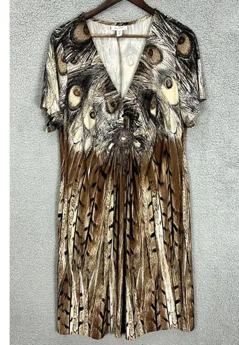 Vintage Y2K Dressbarn Dress Womens 18 Brown Peacock Print Babydoll Beaded Boho