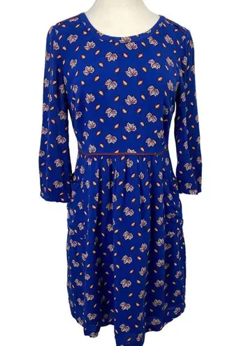 Boden Fit & Flare Mini Dress Allover Autumn Leaf Print Blue Flowy Womens 8